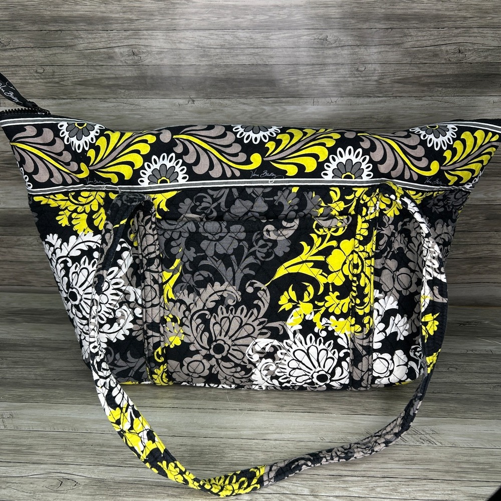 Vera Bradley Tote Bag Large Baroque Quilted Black Yellow Gray Retired